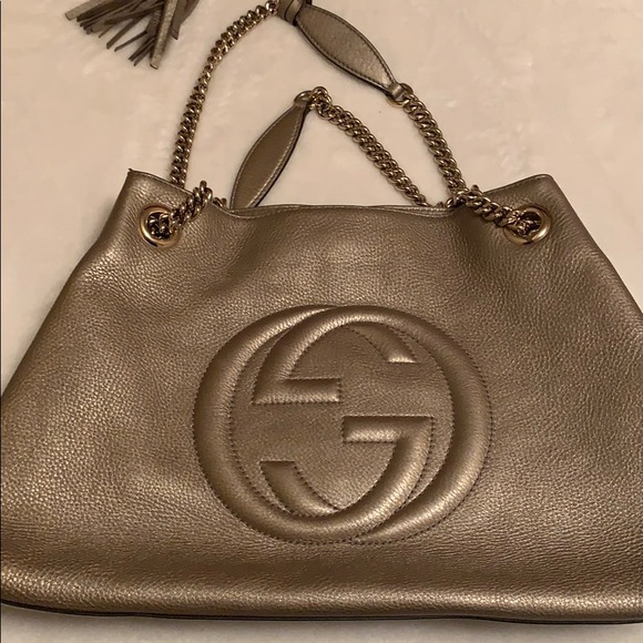 Gucci Soho Metallic Chain Medium Tote Gold Beige - Picture 1 of 6